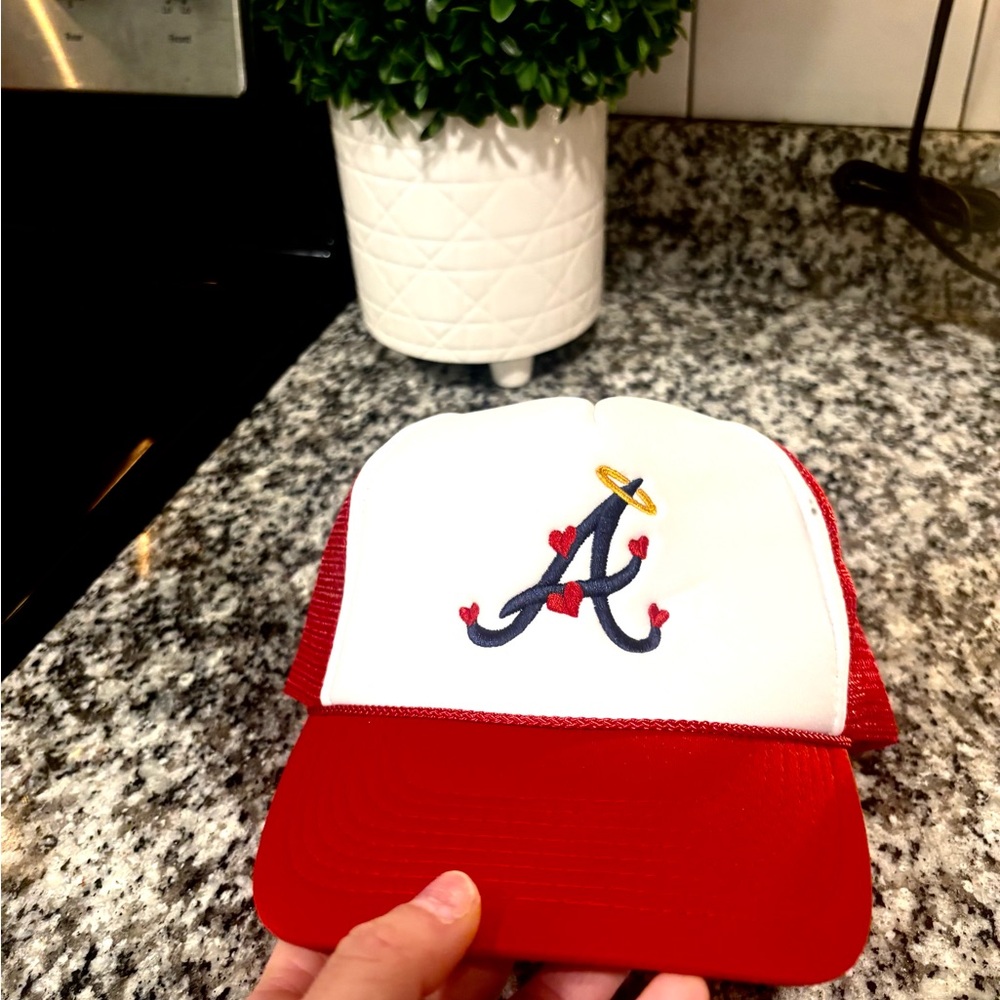 Red and White Trucker Hat with Embroidered A angels baseball hat